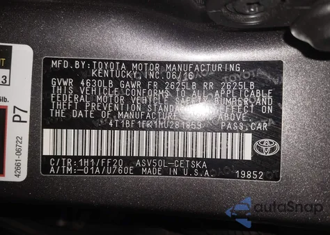 2017 Toyota Camry Se z USA, uszkodzony, nr VIN 4T1BF1FK1HU281859